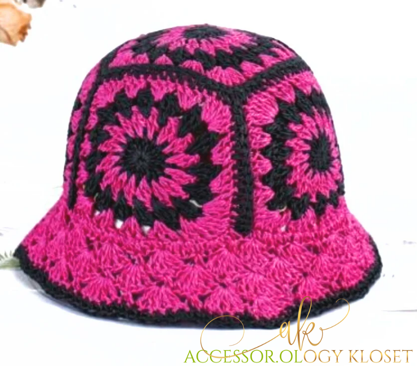 Girly Pink & Black Straw Bucket Hat/Floppy Hat