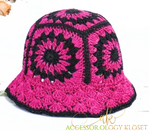 Girly Pink & Black Straw Bucket Hat/Floppy Hat
